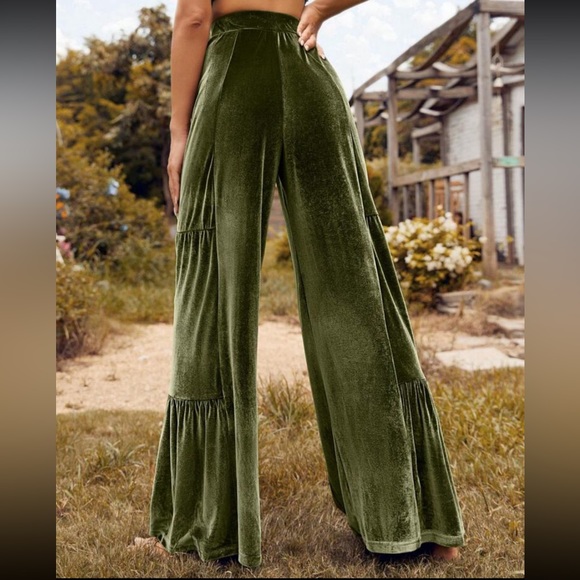 Luxe Velvet Wide Leg Palazzo Pants Green - Picture 3 of 5